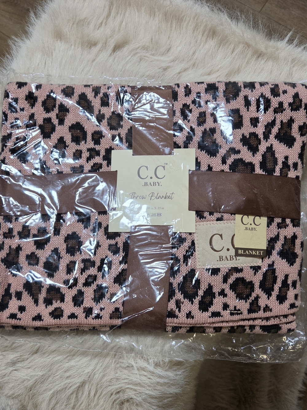 C.C Baby Pink and Black Leopard Knit Throw Blanket
